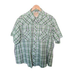 Wrangler Mens Western Fashion Green Plaid Pearl Snap Shirt 2XL Short Sleeve